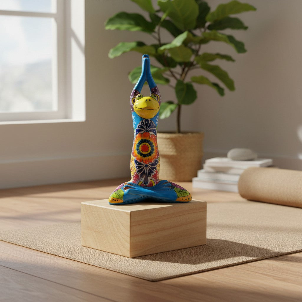 Large Talavera Yoga Frog Statue | Mexican Art Decor