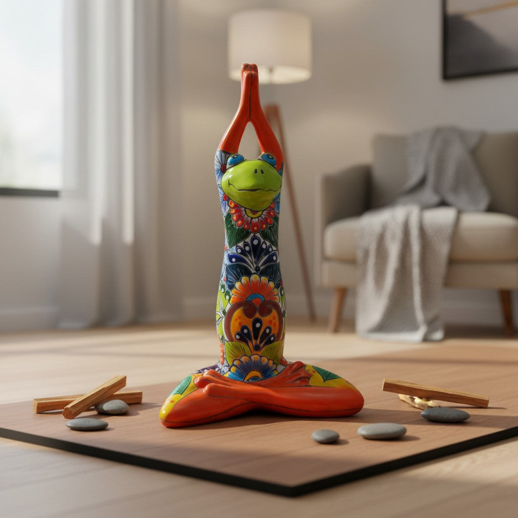 Large Talavera Yoga Frog Statue | Mexican Art Decor