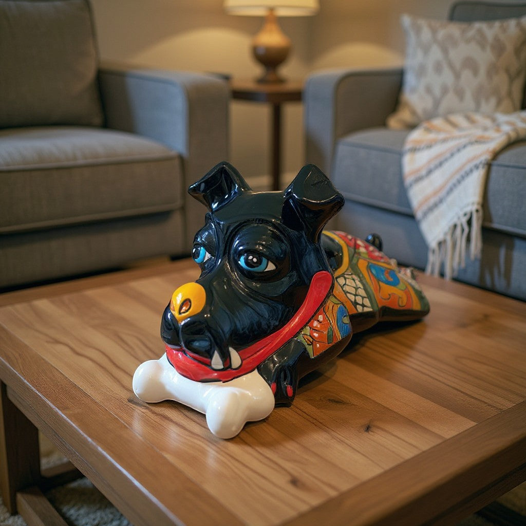 Large Hand-Painted Talavera Ceramic Laying Dog Decor with Bone