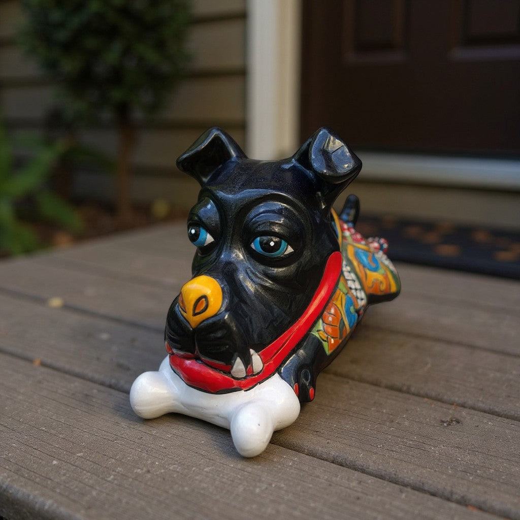 Large Hand-Painted Talavera Ceramic Laying Dog Decor with Bone