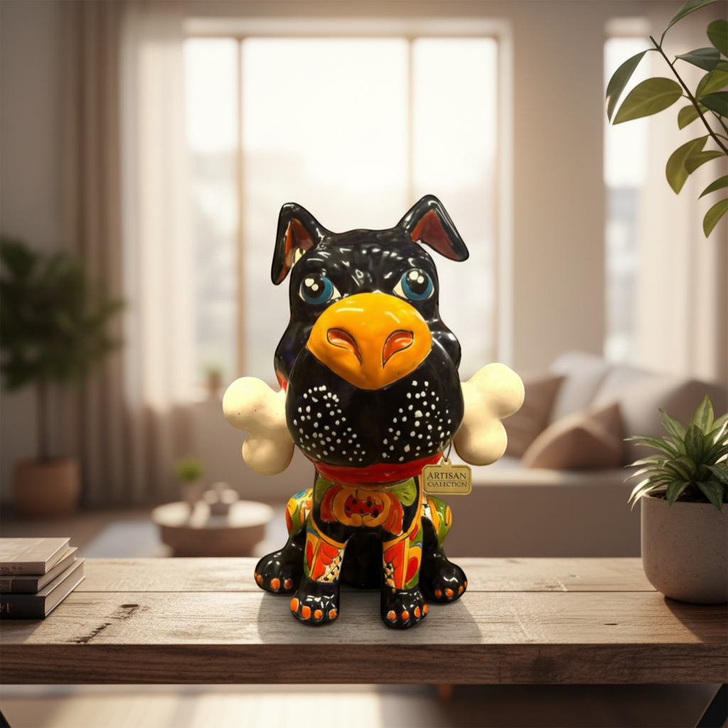 Talavera Dog with Bone | Hand-Painted Ceramic Canine Decor