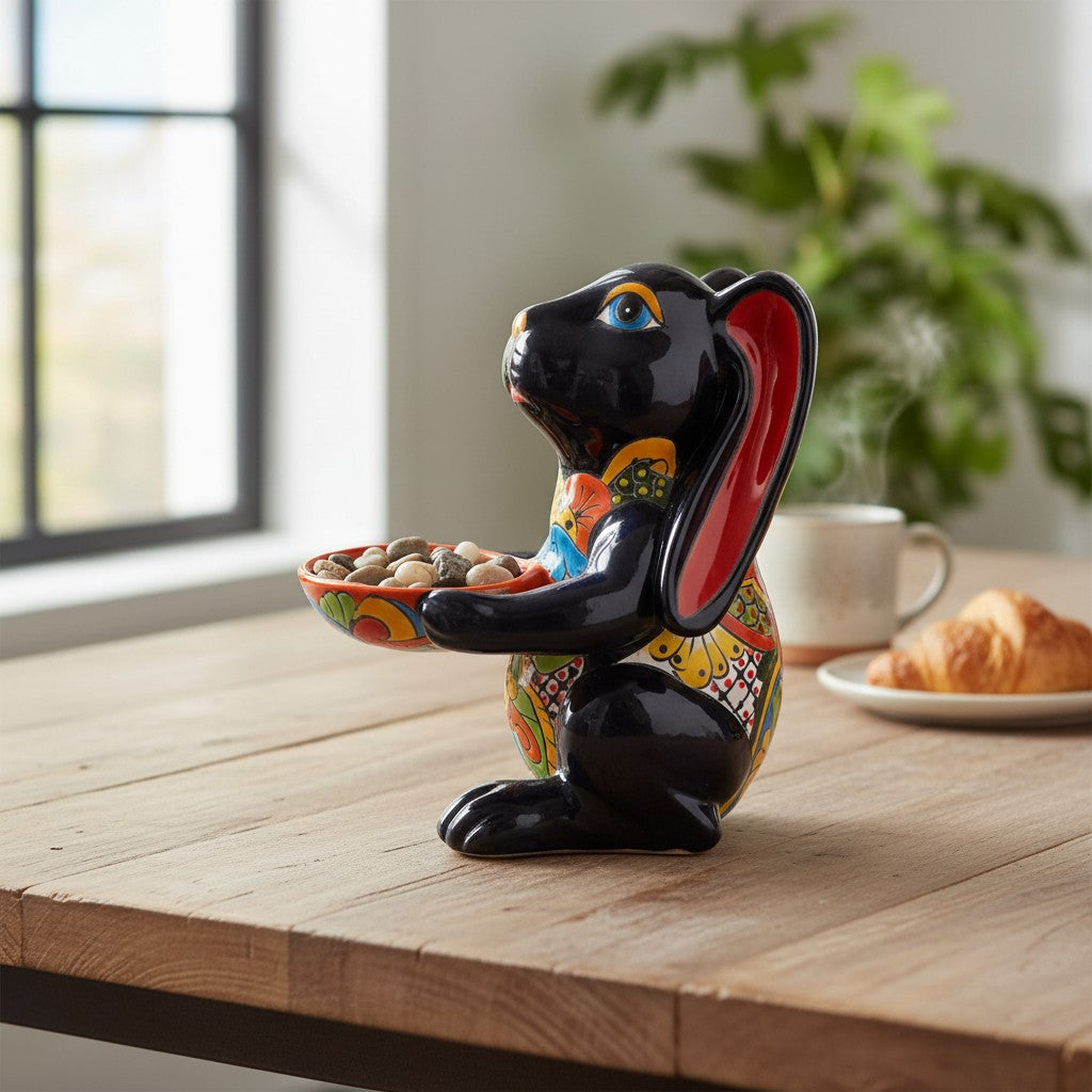 Vibrant Handmade Talavera Bunny Statue | Mexican Folk Art Feeder