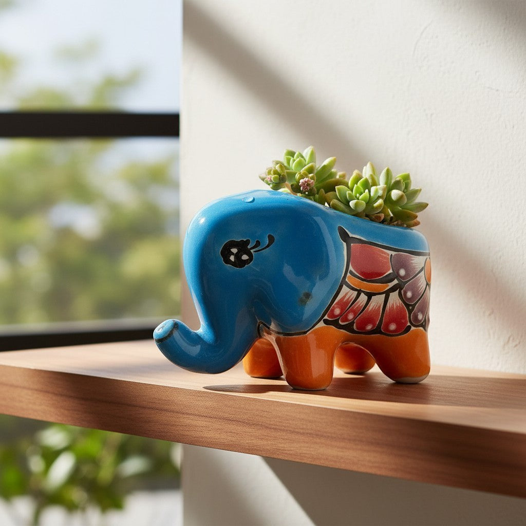 Talavera Elephant Planter | Colorful Hand-Painted Ceramic Animal Pot