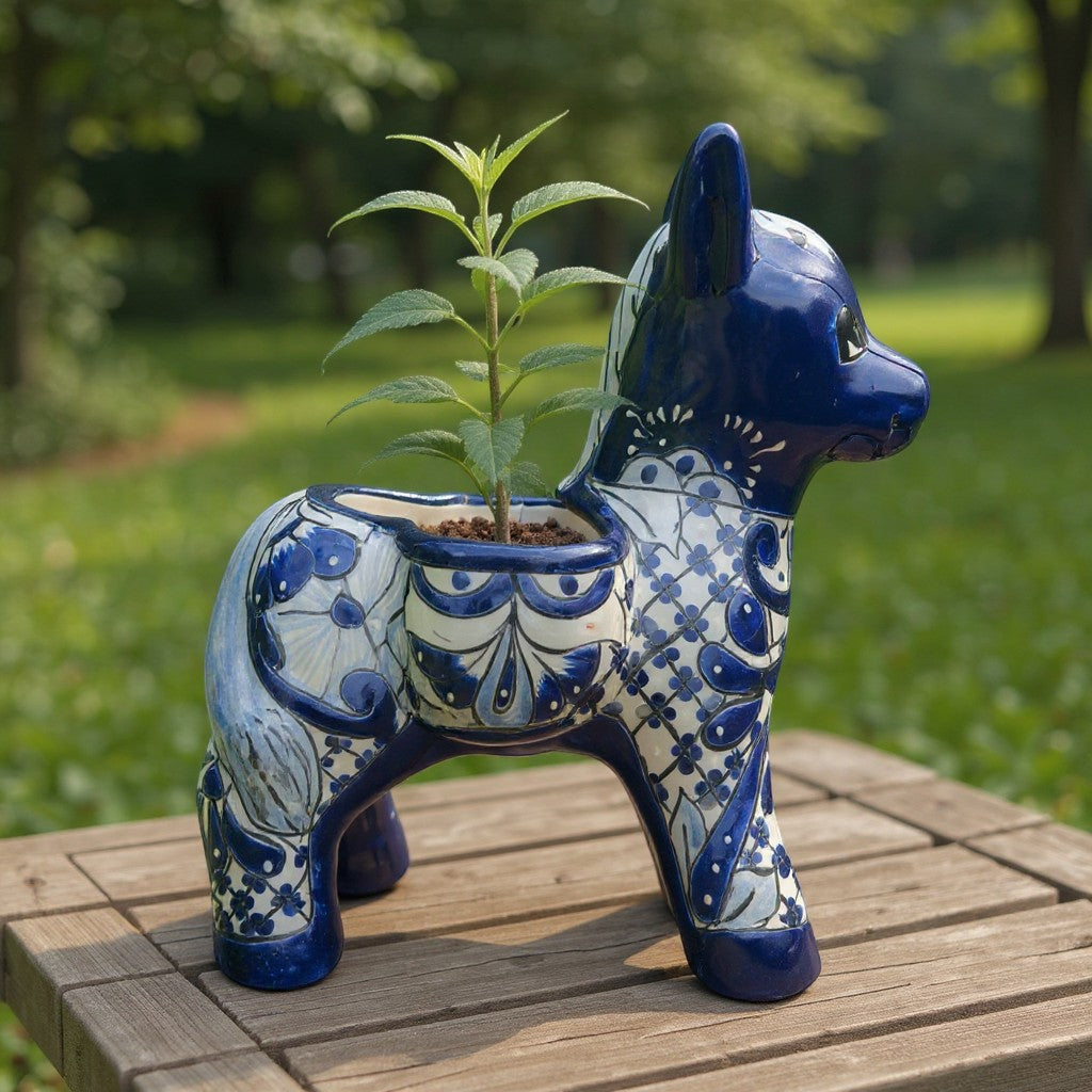 Blue & White Talavera Donkey Planter | Handmade Mexican Art
