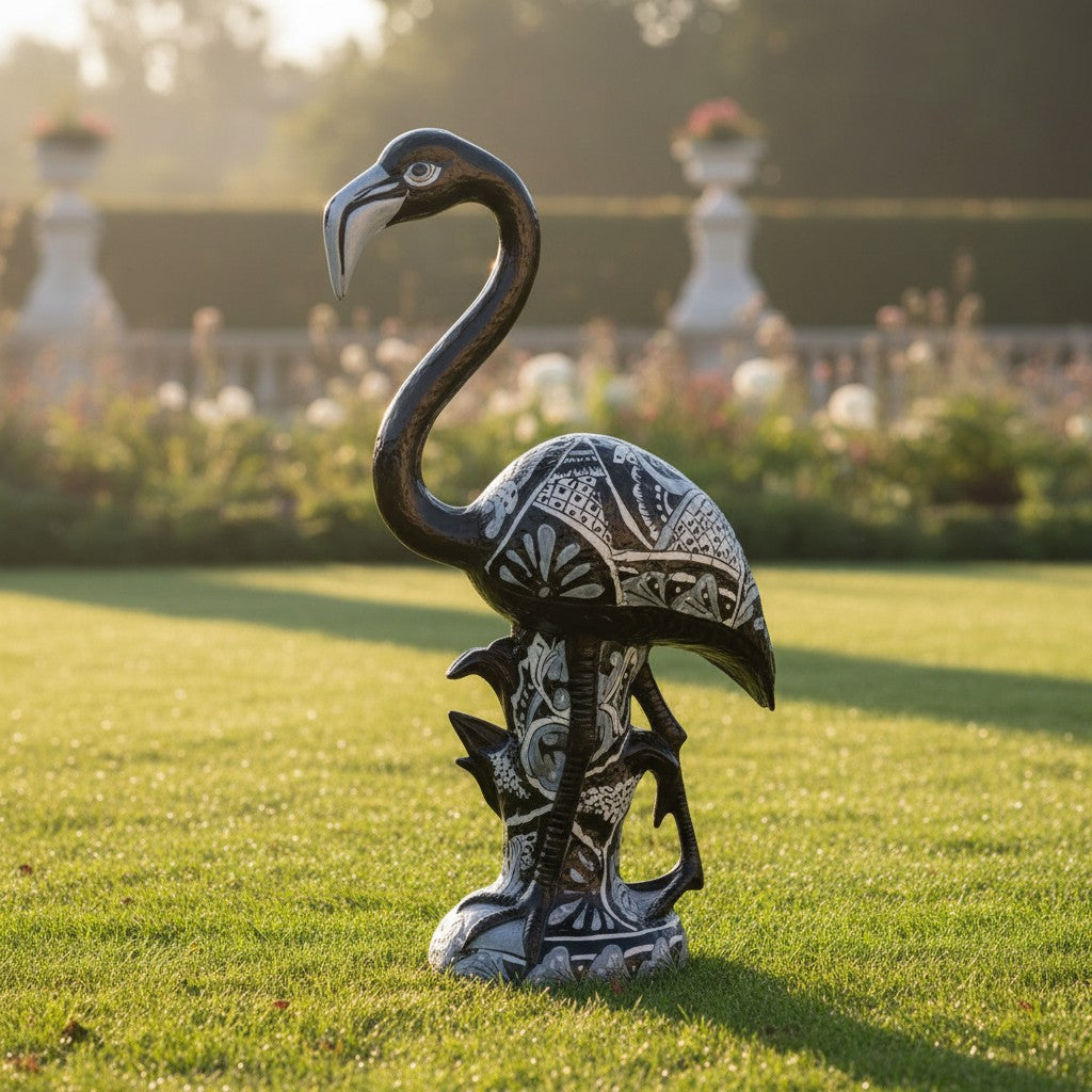 Blue & White Talavera Flamingo Statue | Hand-Painted Bird Pottery