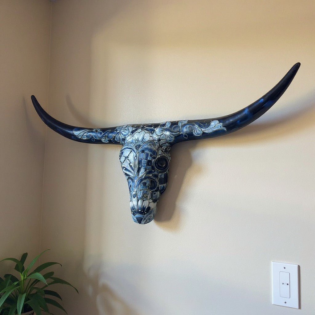 Talavera Longhorn Skull | Blue & White Mexican Wall Art