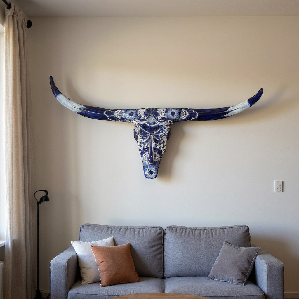 Talavera Longhorn Skull | Blue & White Mexican Wall Art