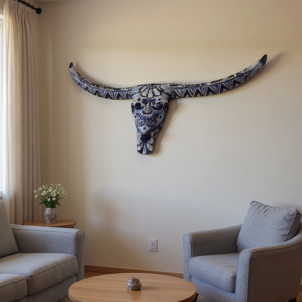 Talavera Longhorn Skull | Blue & White Mexican Wall Art
