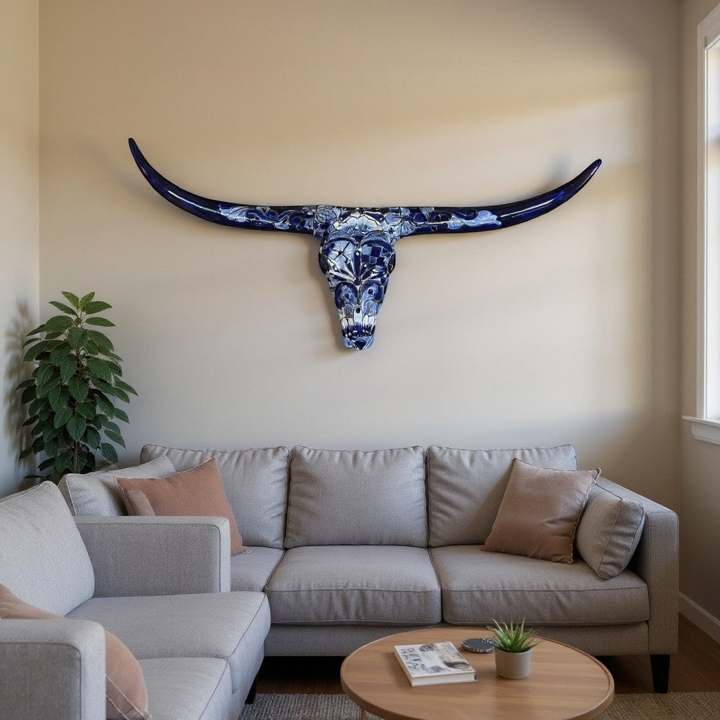 Talavera Longhorn Skull | Blue & White Mexican Wall Art