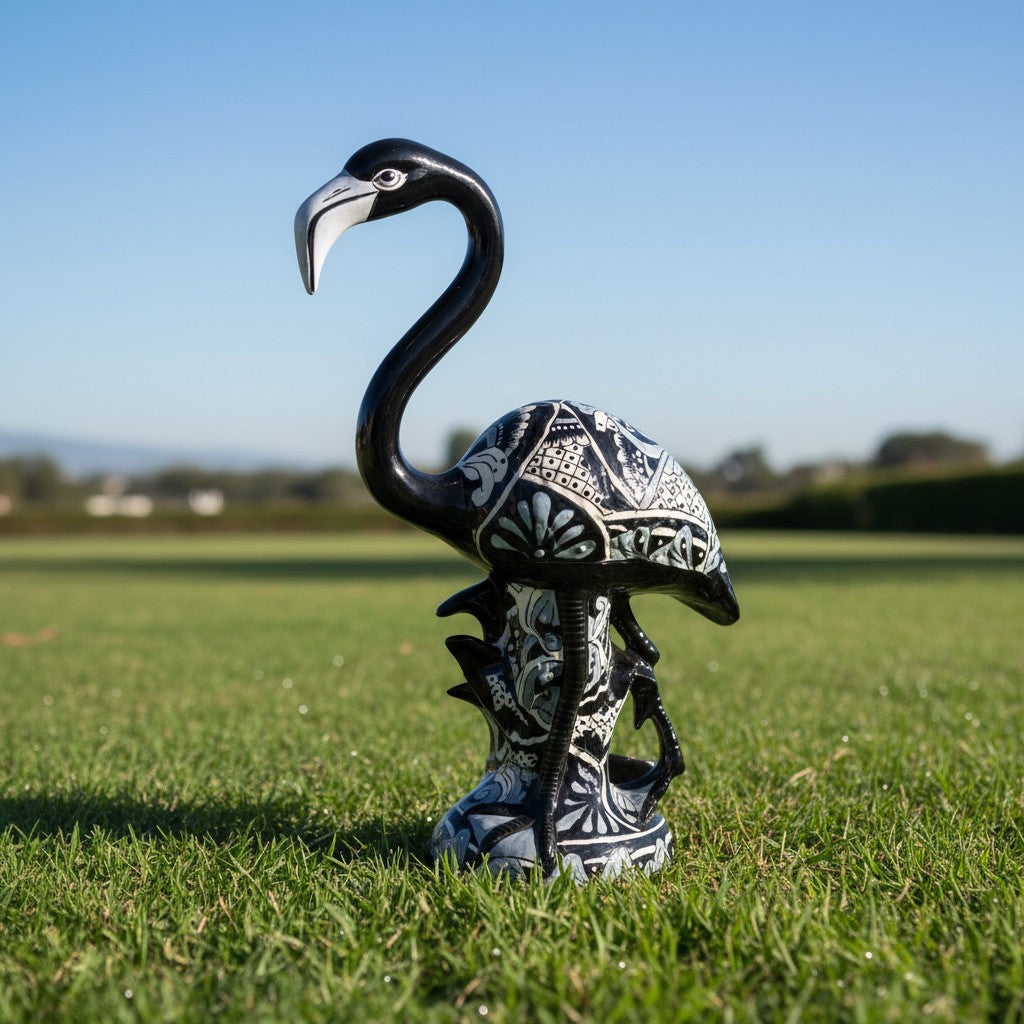 Blue & White Talavera Flamingo Statue | Hand-Painted Bird Pottery