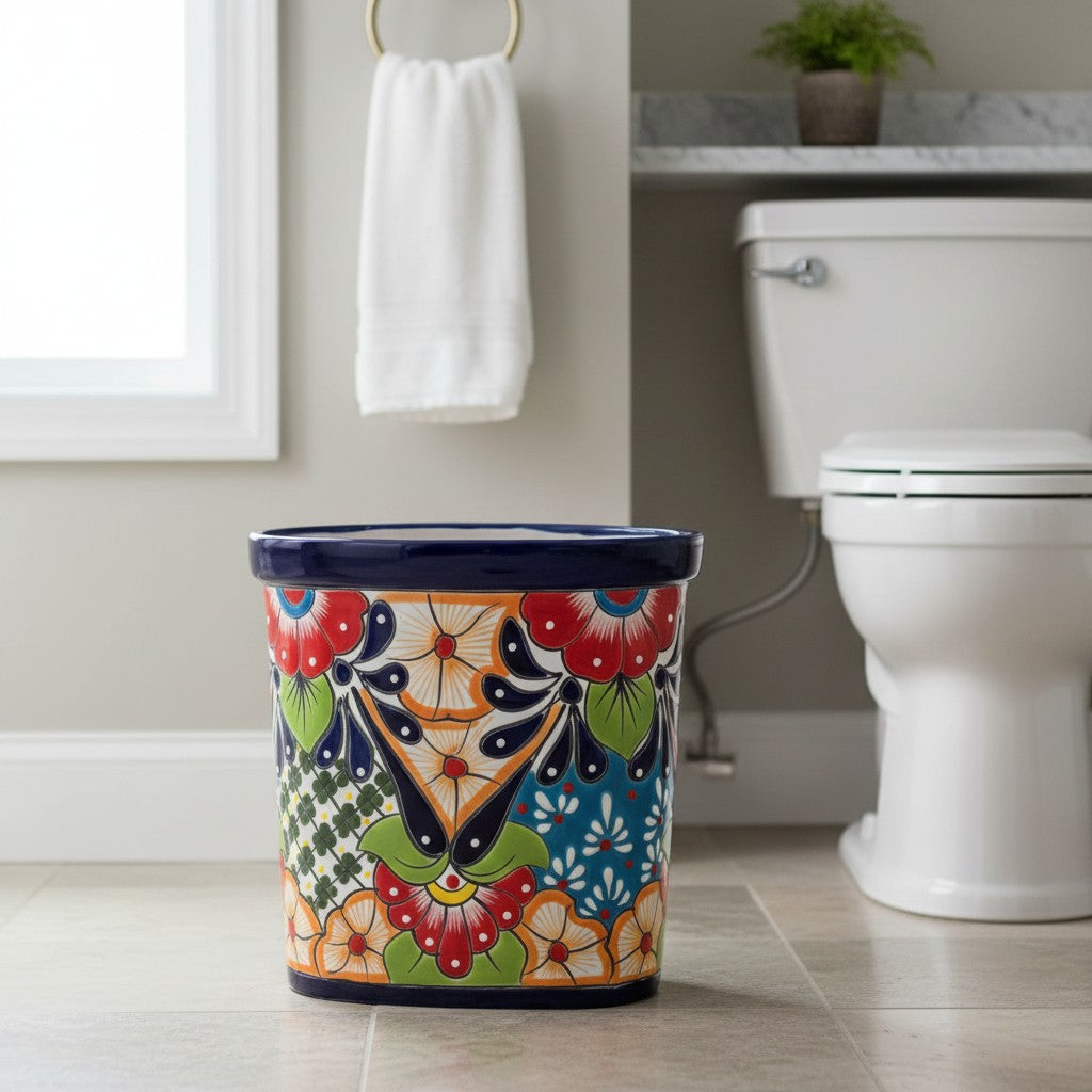 Colorful Talavera Trash Can | Handmade Mexican Waste Bin