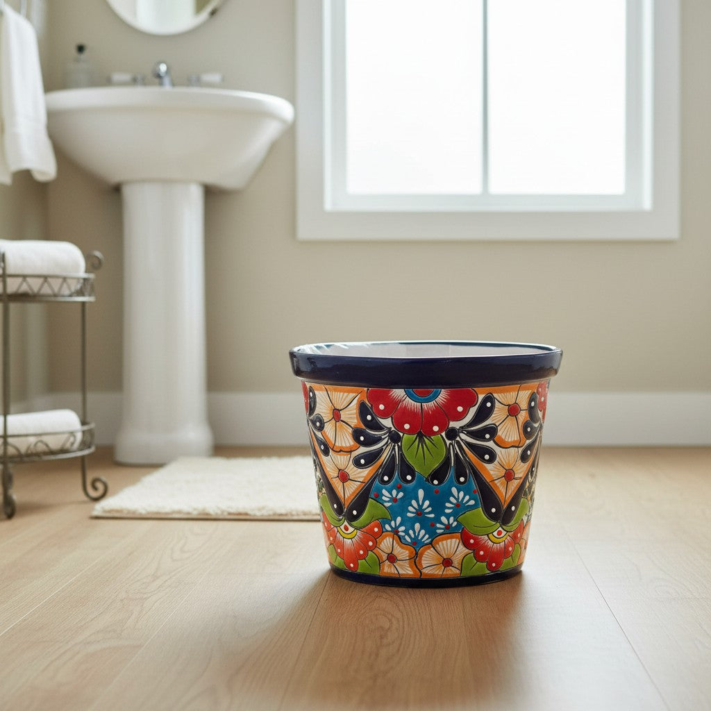 Colorful Talavera Trash Can | Handmade Mexican Waste Bin