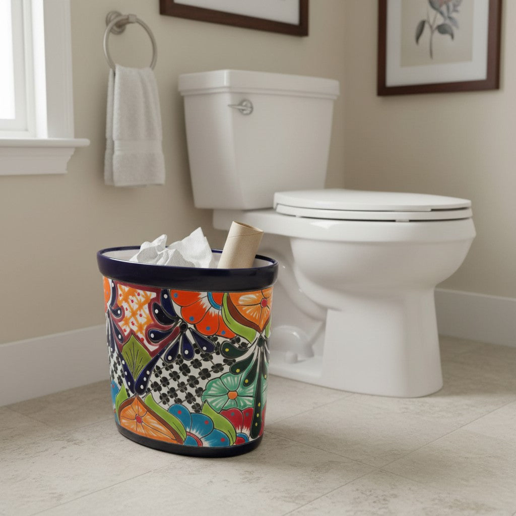 Colorful Talavera Trash Can | Handmade Mexican Waste Bin