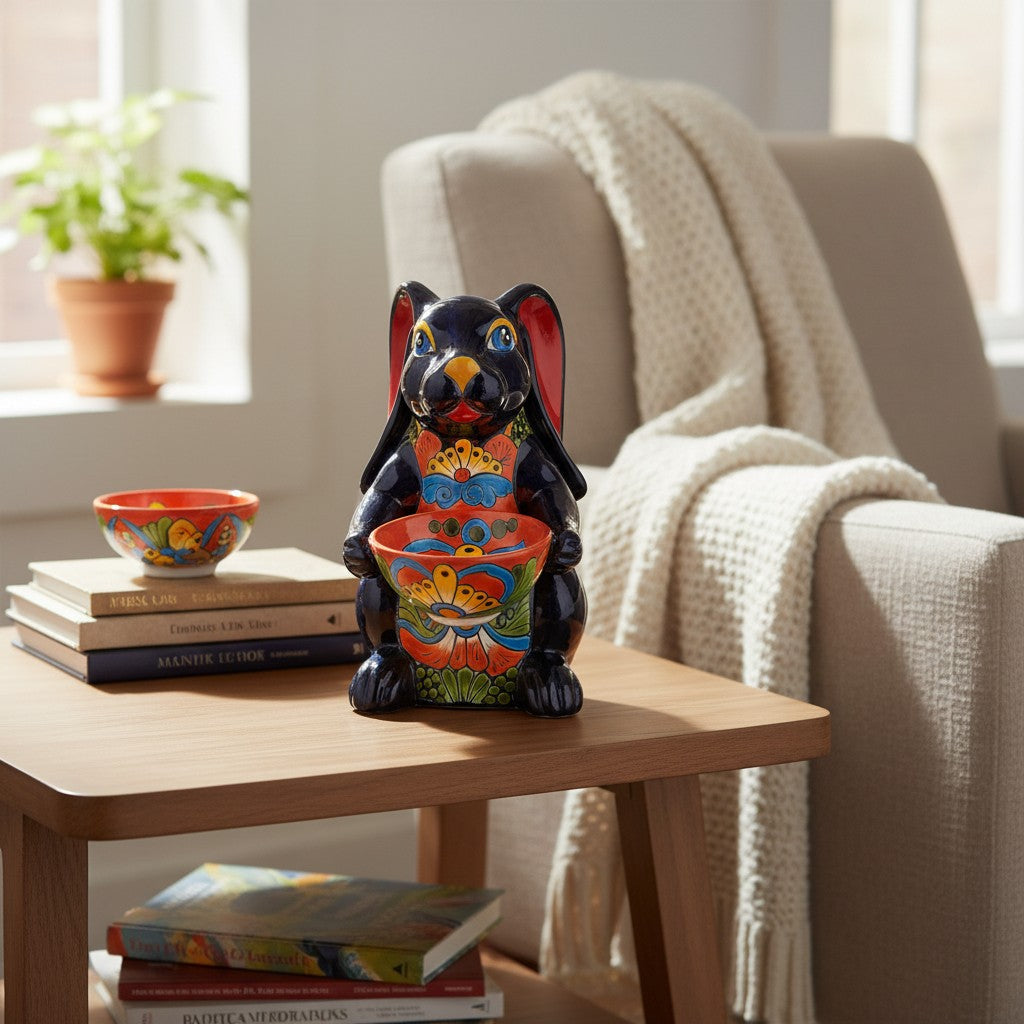 Vibrant Handmade Talavera Bunny Statue | Mexican Folk Art Feeder