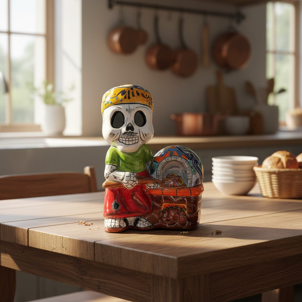 Talavera Skeleton Cook | 8" Day of the Dead Chef Figurine with Oven