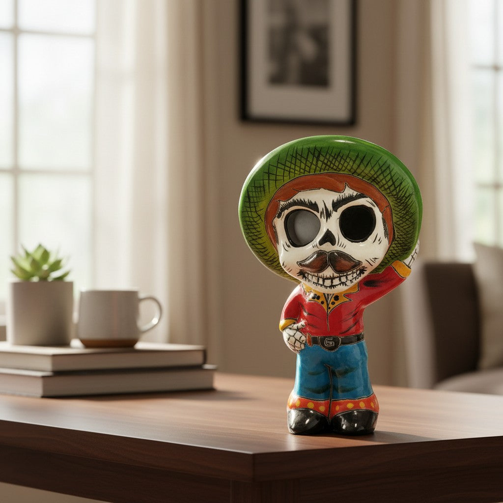 Talavera Skeleton Statue | Day of the Dead Figurine with Sombrero