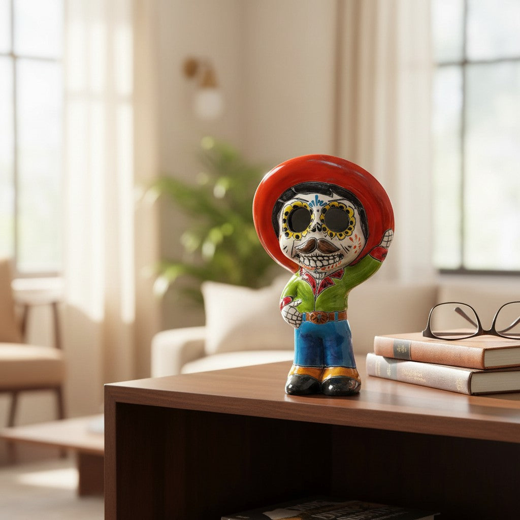 Talavera Skeleton Statue | Day of the Dead Figurine with Sombrero