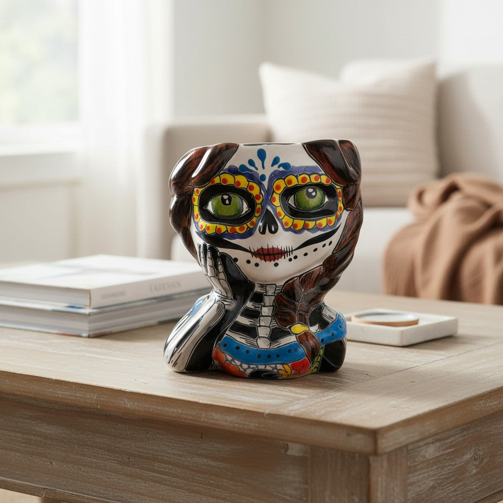 Talavera Skull Girl Planter | Hand-Painted Day of the Dead Pot