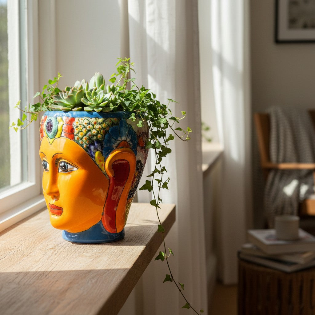 Talavera Face Planter | Hand-Painted Mexican Lady Pot Folk Art