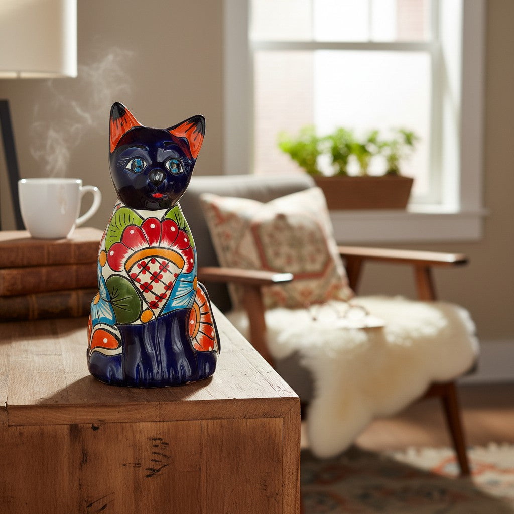 Colorful Hand-Painted Talavera Cat Statue | Mexican Folk Art Decor