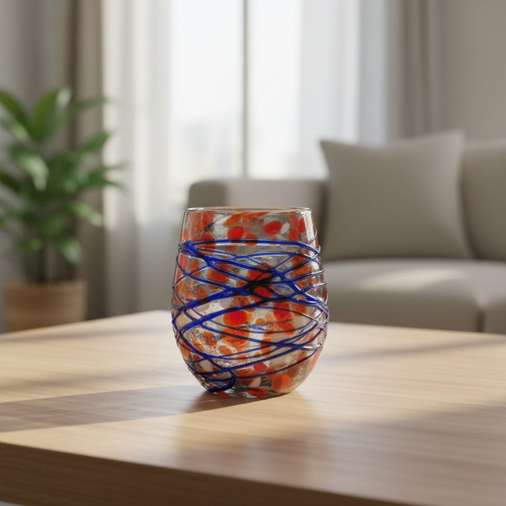 Mexican Stemless Wine Glass | Hand-Blown Orange & Blue Swirl