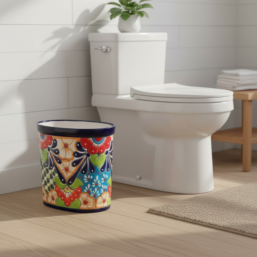 Colorful Talavera Trash Can | Handmade Mexican Waste Bin
