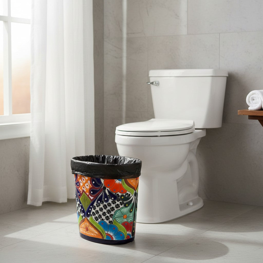 Colorful Talavera Trash Can | Handmade Mexican Waste Bin