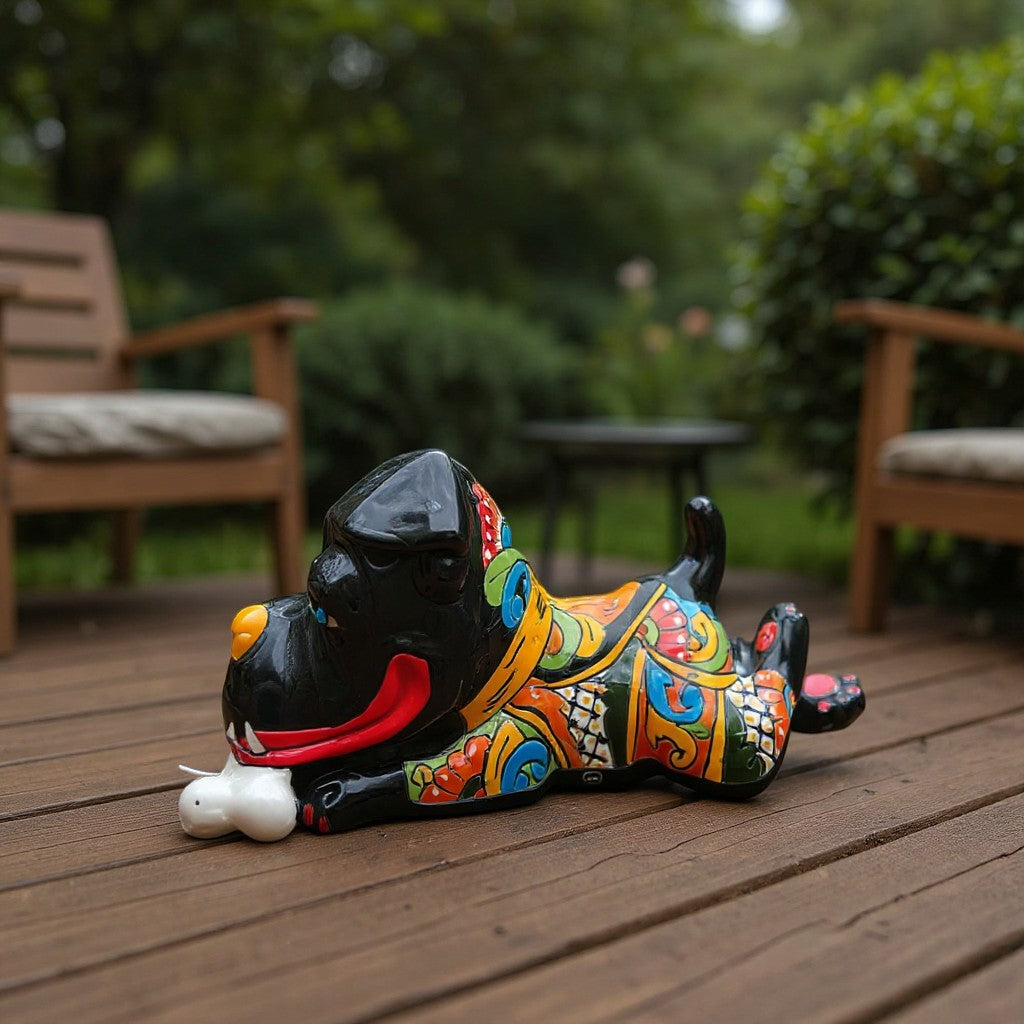 Large Hand-Painted Talavera Ceramic Laying Dog Decor with Bone