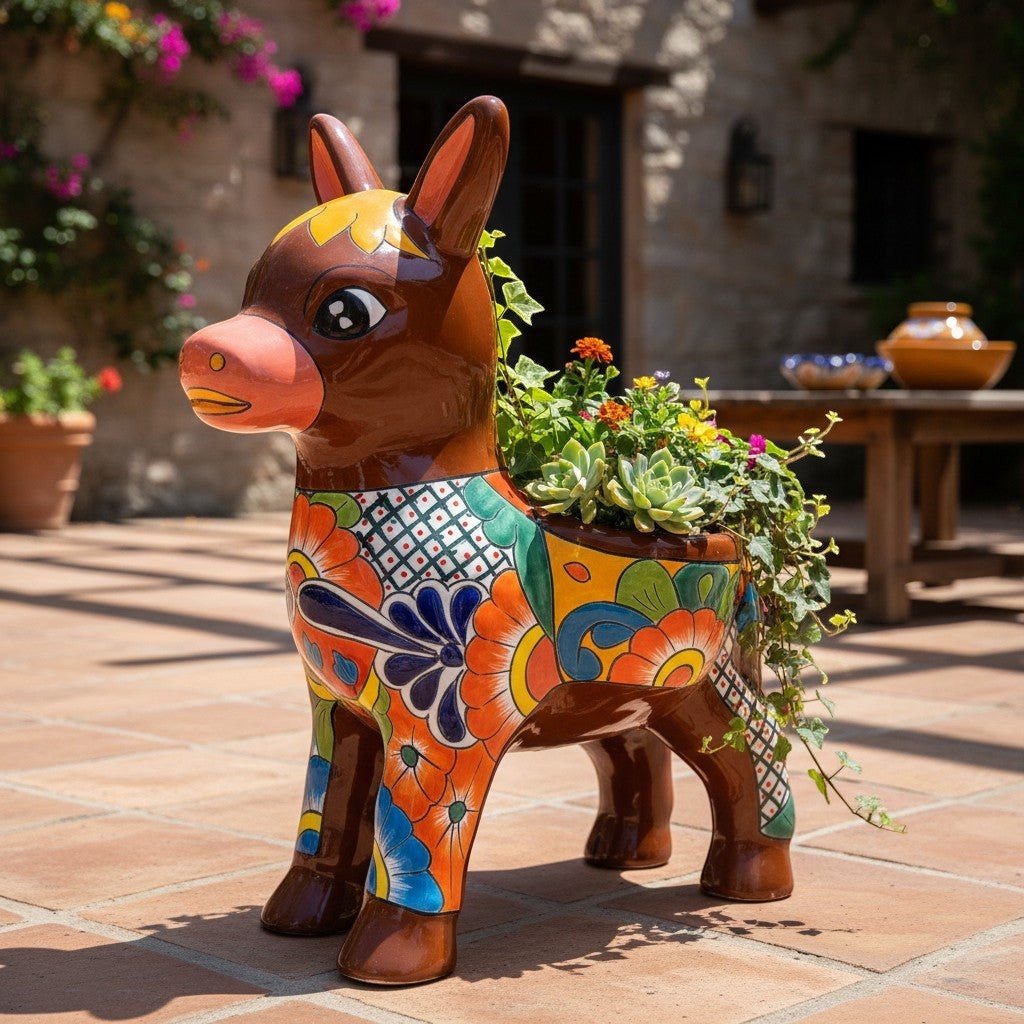 Large Talavera Donkey Planter | Hand-Painted Ceramic Burro
