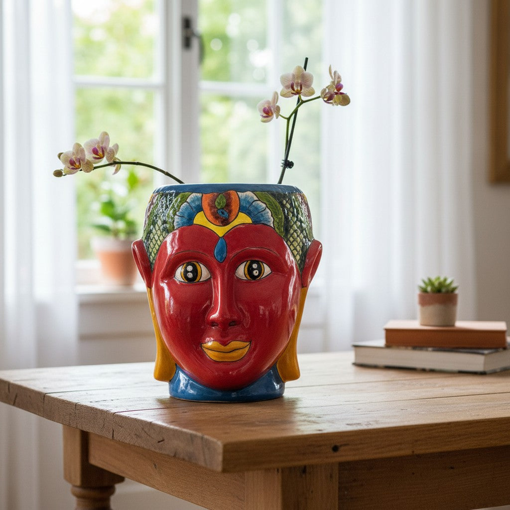 Talavera Face Planter | Hand-Painted Mexican Lady Pot Folk Art
