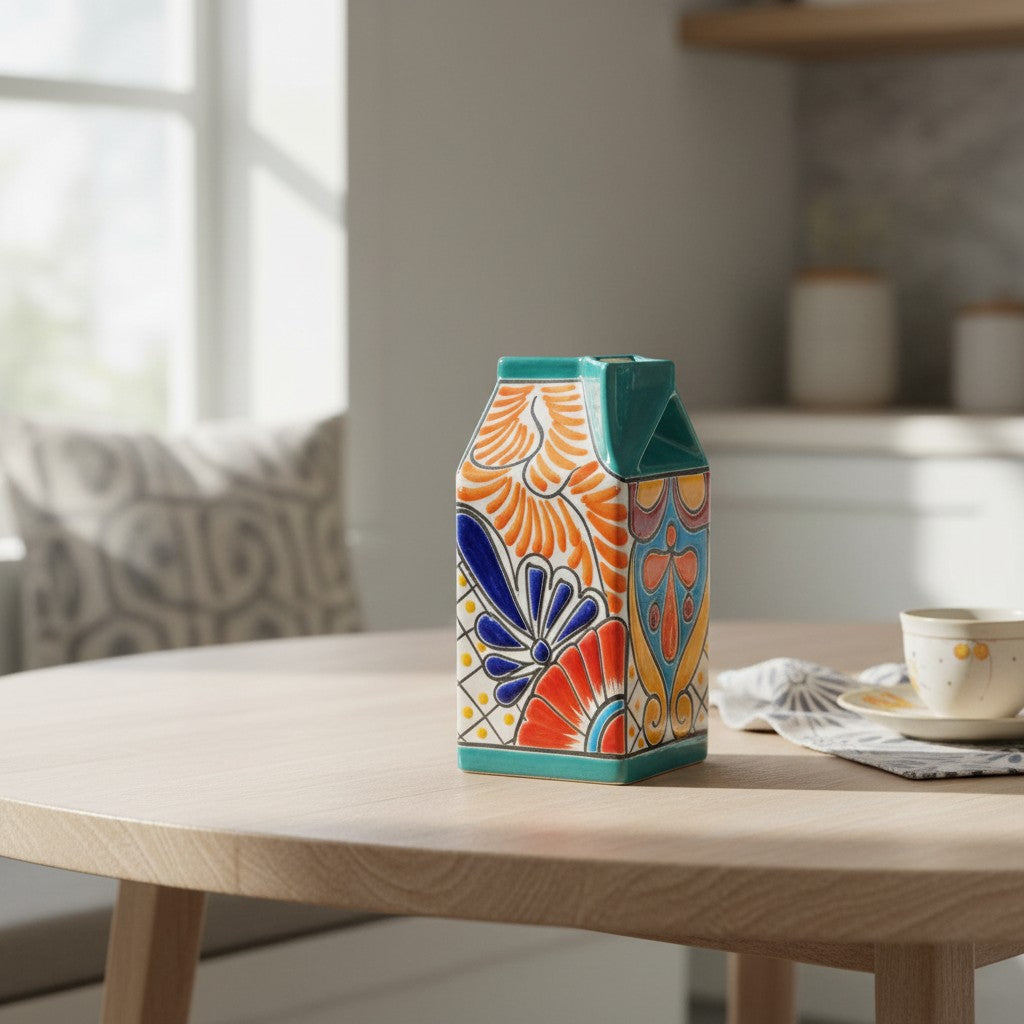 Talavera Hand-Painted Milk Carton | Colorful Mexican Container