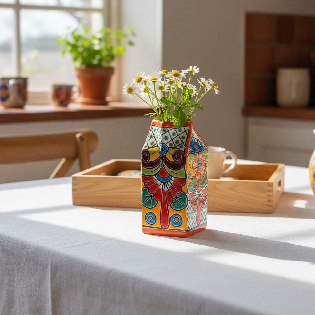 Talavera Hand-Painted Milk Carton | Colorful Mexican Container