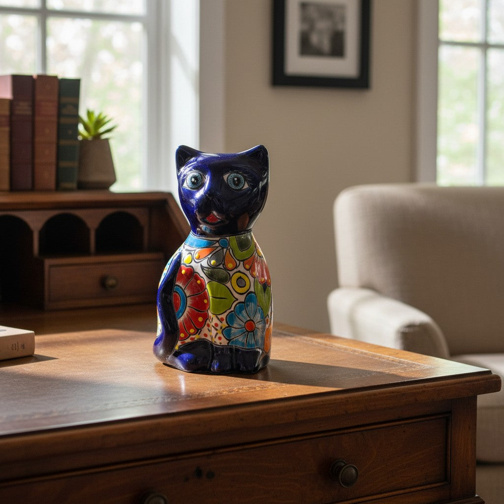Medium Hand-Painted Talavera Cat Statue | Mexican Folk Art