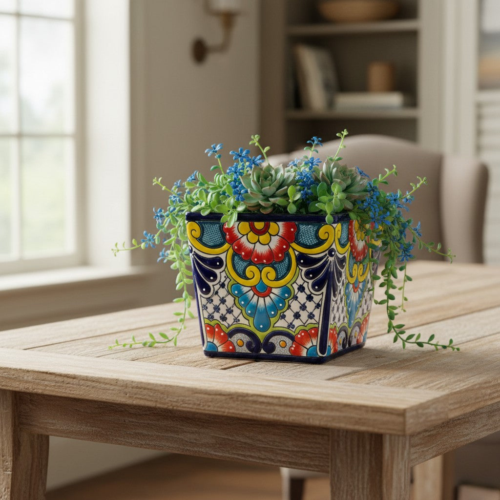 Set of 3 Hand-Painted Talavera Square Planters Set | Floral Pots