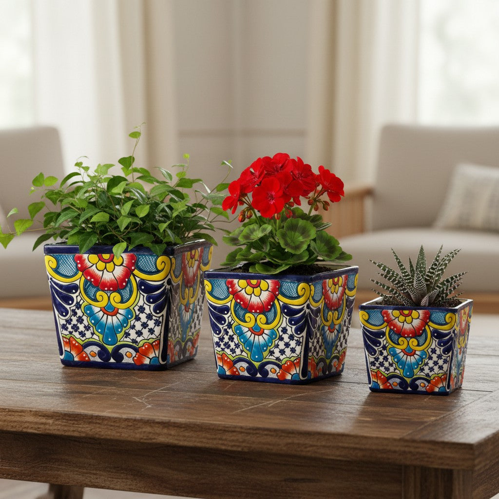Set of 3 Hand-Painted Talavera Square Planters Set | Floral Pots
