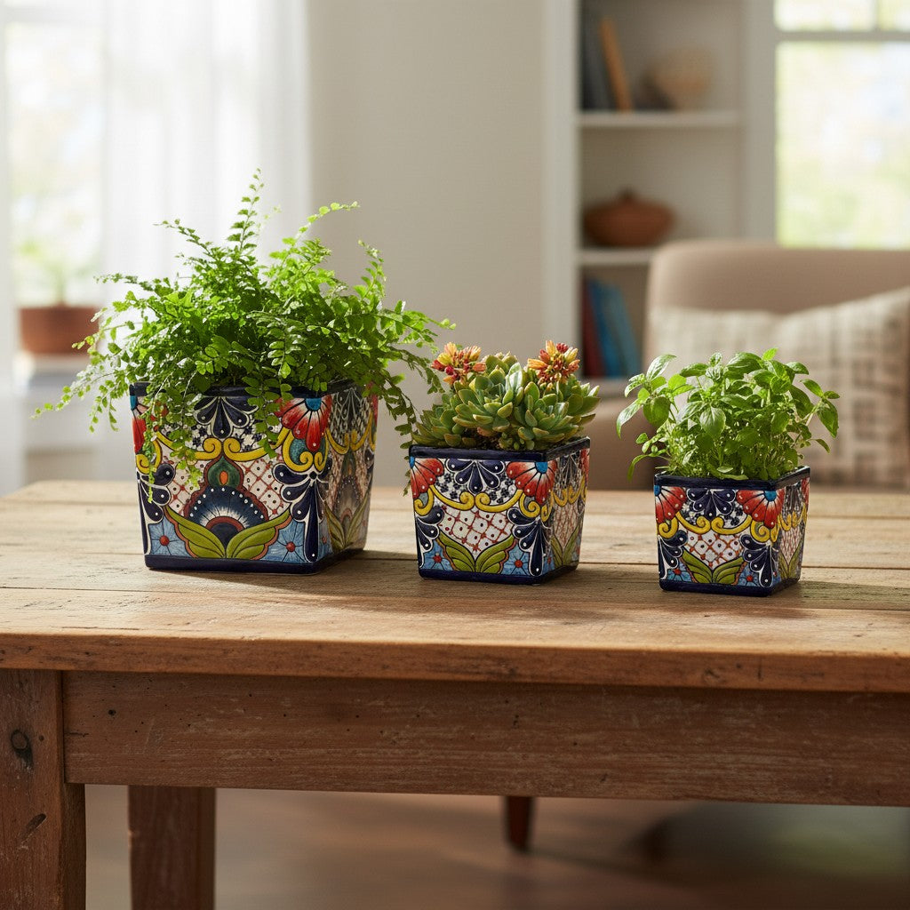 Set of 3 Hand-Painted Talavera Square Planters Set | Floral Pots