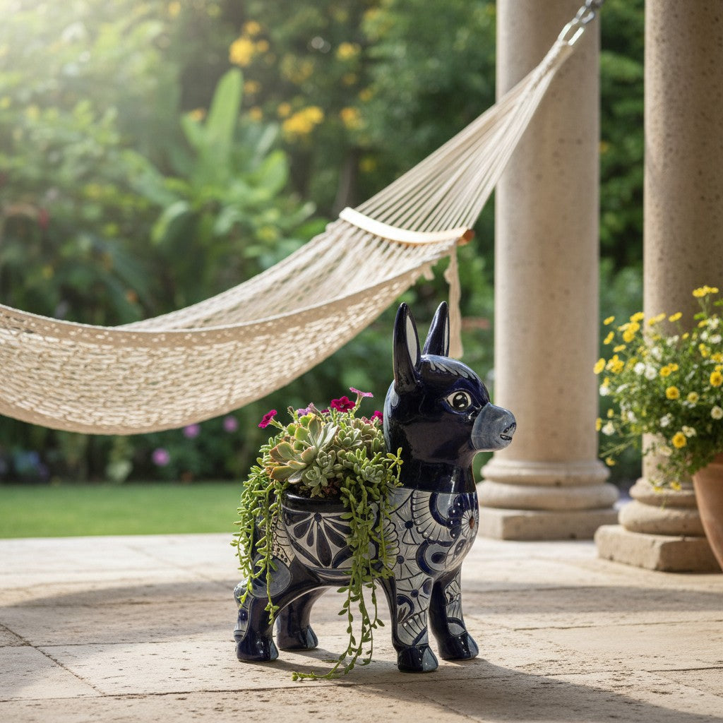 Large Talavera Donkey Planter | Blue and White Ceramic Burro Pot