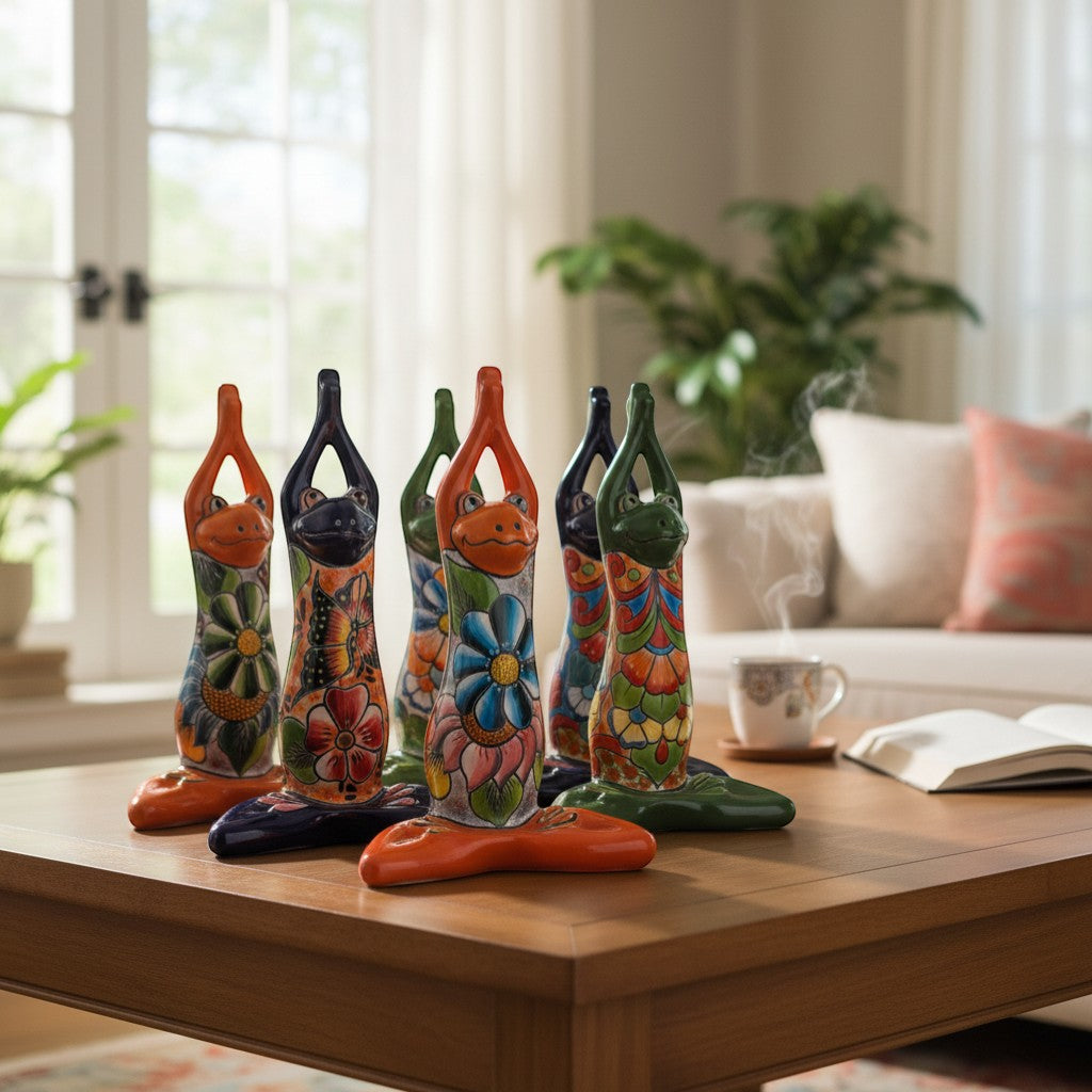 Large Talavera Yoga Frog Statue | Mexican Art Decor