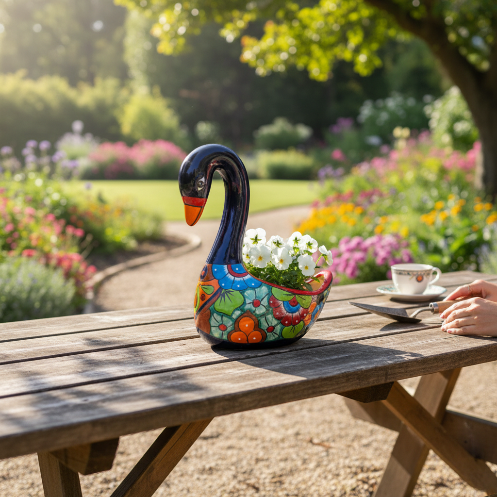 Large Talavera Swan Planter | Colorful Hand-Painted Mexican Pottery