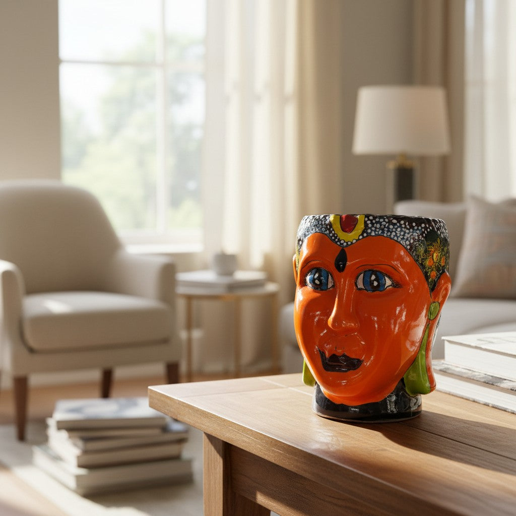Talavera Face Planter | Hand-Painted Mexican Lady Pot Folk Art