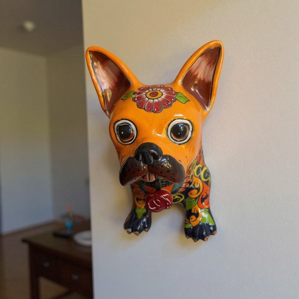 Colorful Talavera French Bulldog Statue | Handmade Wall Art