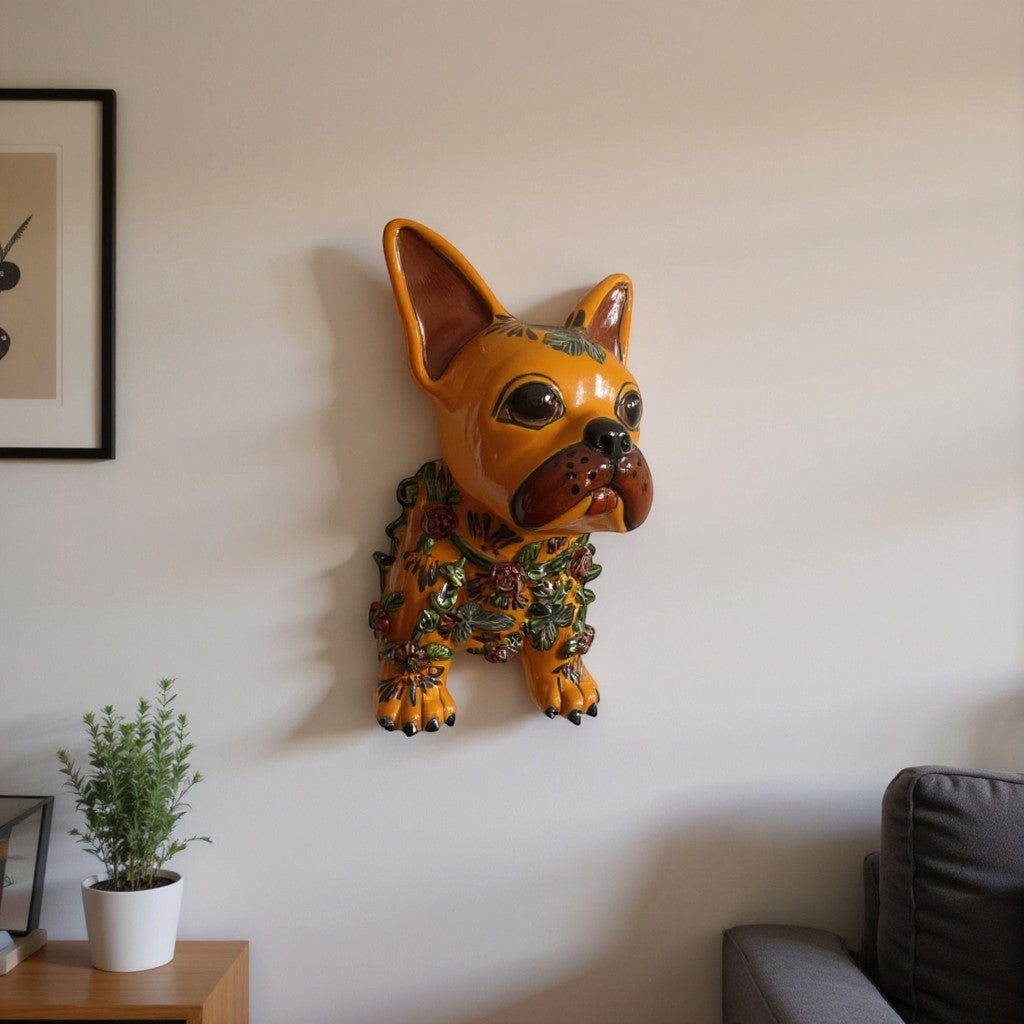 Colorful Talavera French Bulldog Statue | Handmade Wall Art