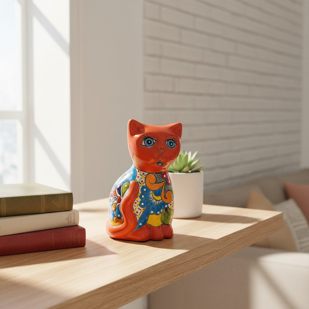 Medium Hand-Painted Talavera Cat Statue | Mexican Folk Art