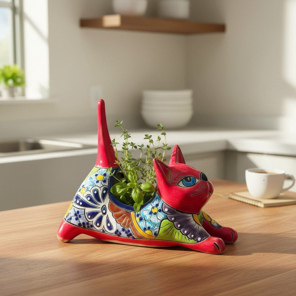 Talavera Cat Planter | Colorful Handmade Stretching Animal Pot