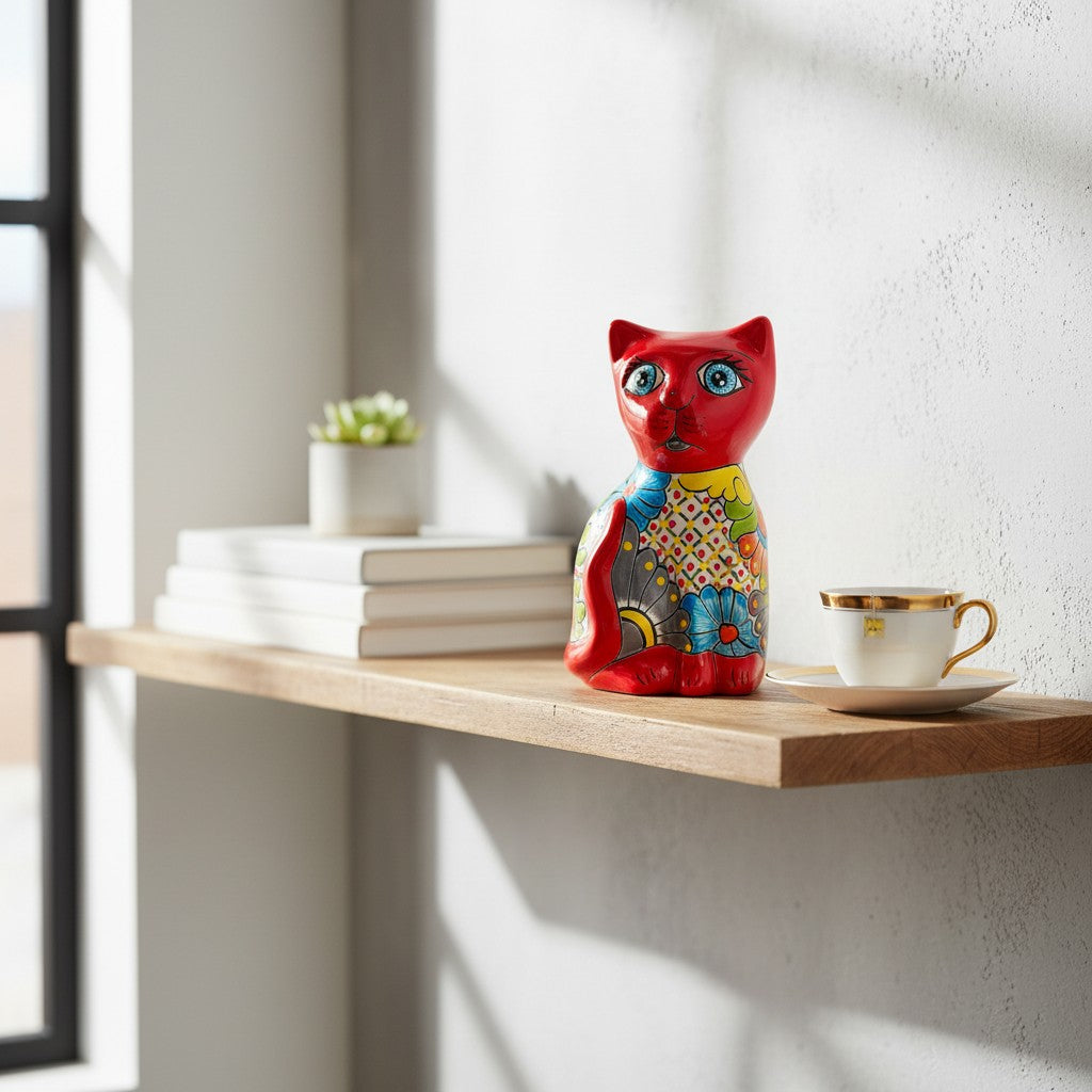 Medium Hand-Painted Talavera Cat Statue | Mexican Folk Art