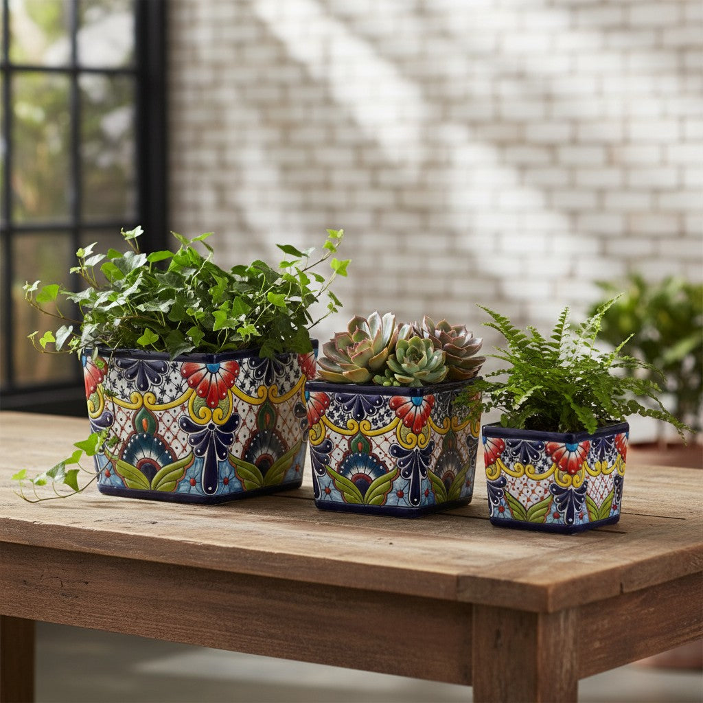 Set of 3 Hand-Painted Talavera Square Planters Set | Floral Pots