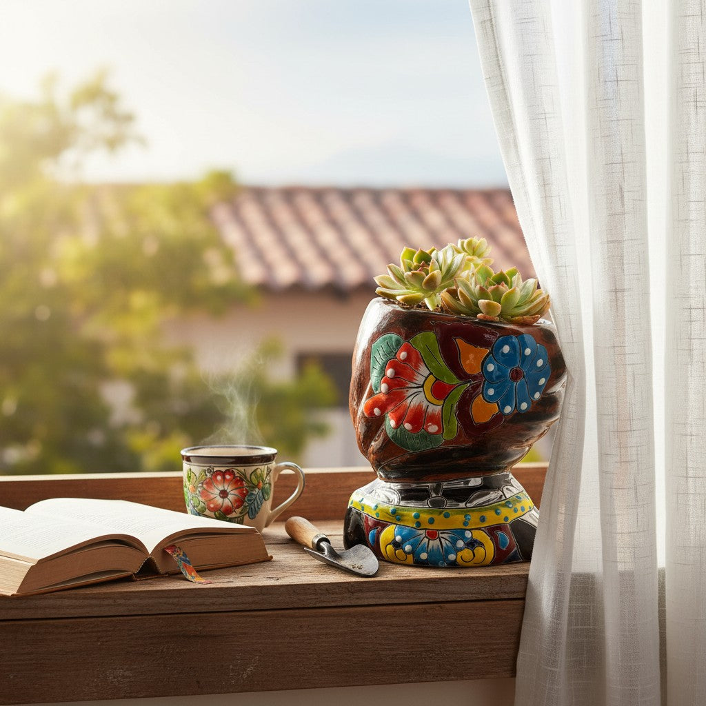 Talavera Skull Girl Planter | Hand-Painted Day of the Dead Pot