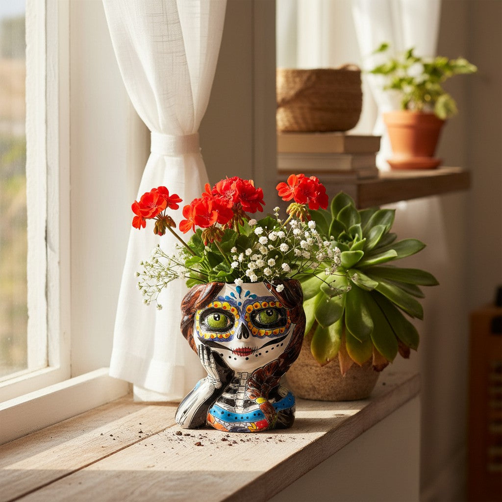 Talavera Skull Girl Planter | Hand-Painted Day of the Dead Pot