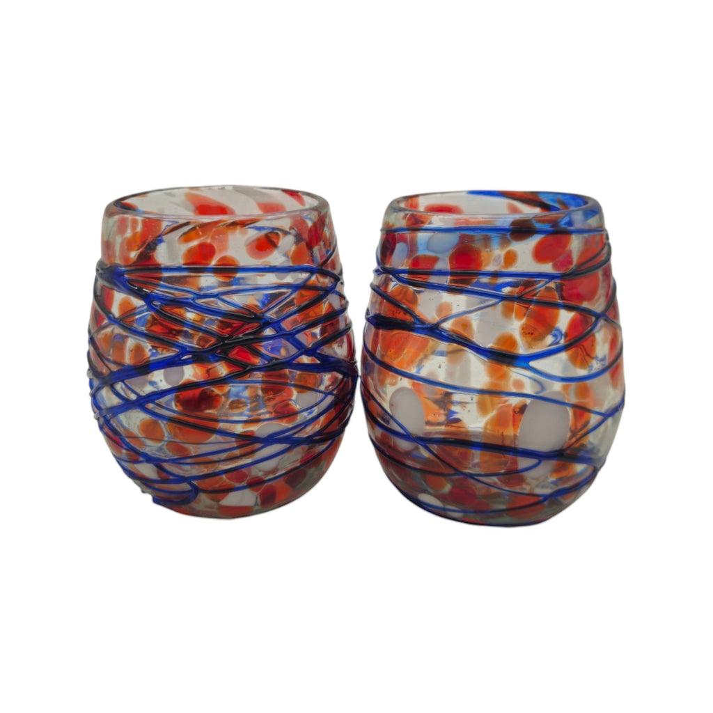 Mexican Stemless Wine Glass | Hand-Blown Orange & Blue Swirl