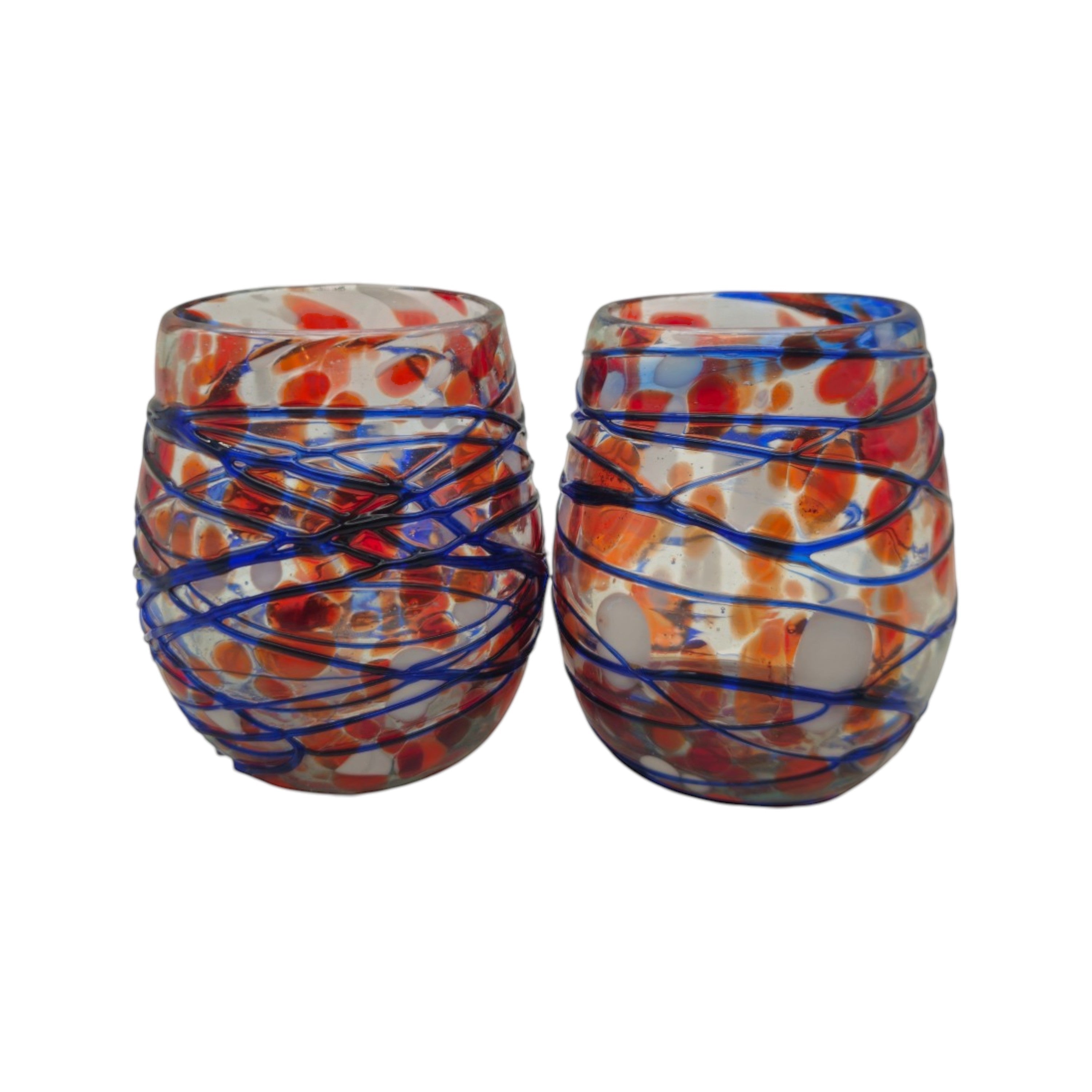 Mexican Stemless Wine Glass | Hand-Blown Orange & Blue Swirl